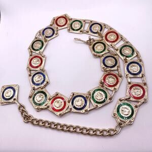 Vintage Belt Hong Kong Signed Gold Tone Enamel Color Coin 37 inches